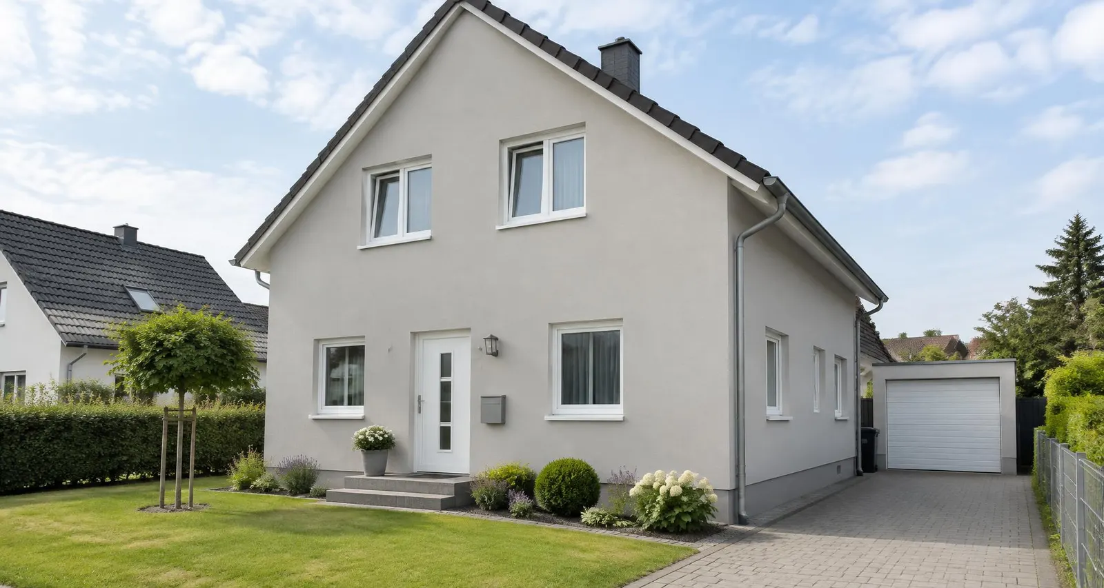 KI-Beispielbild: frisch verputzte Fassade eines Einfamilienhauses