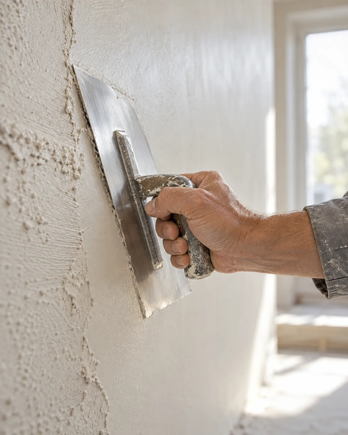 KI-Beispielbild: Hand mit Glättkelle beim Verputzen einer Wand